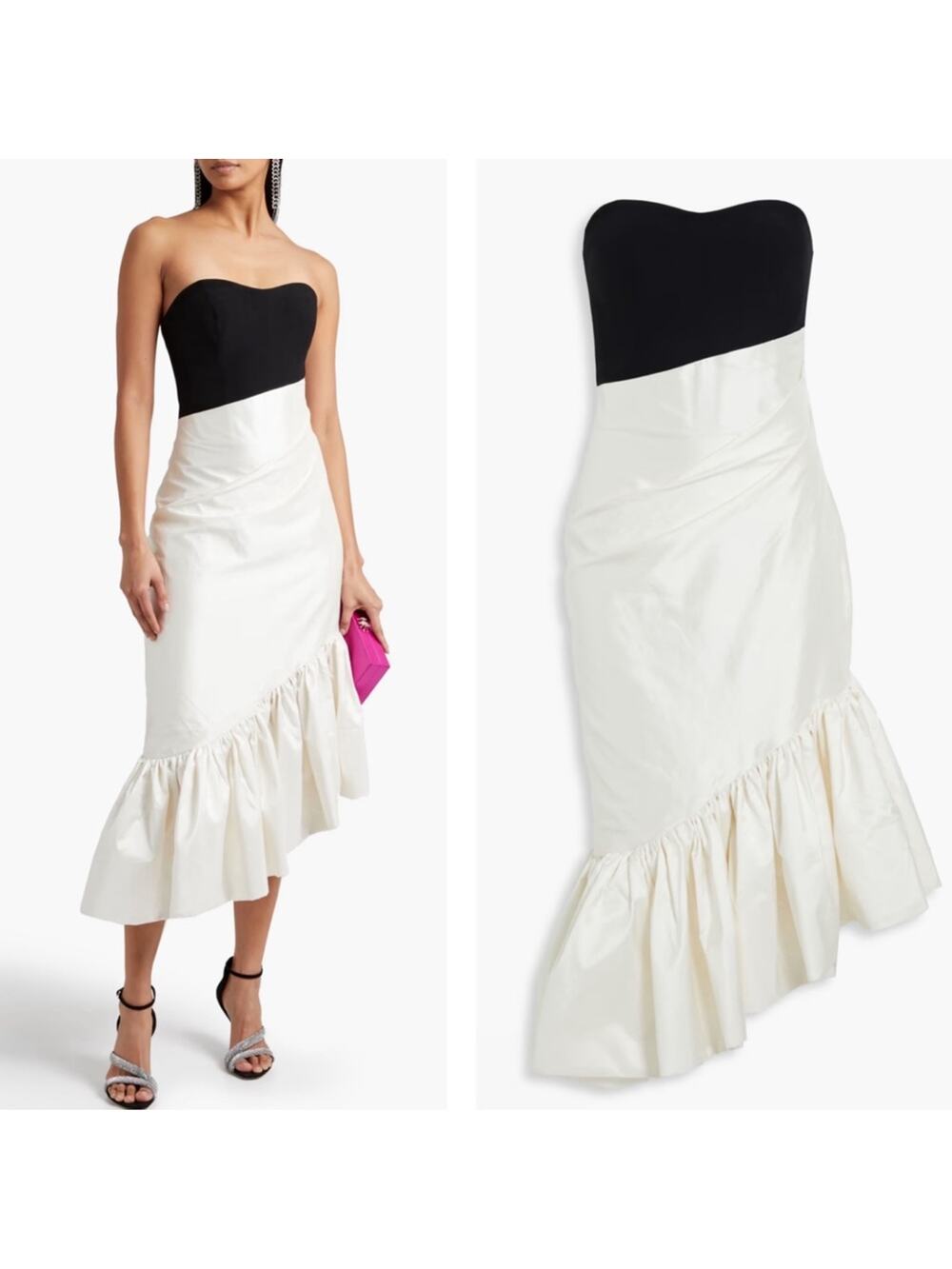 RASARIO Ruffled Silk Crepe Corset Strapless Two Tone Asymmetric Midi Dress Sz 8